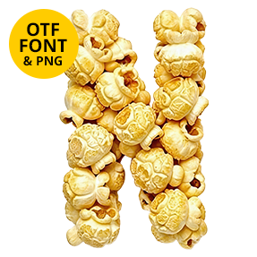 Letter N made of popcorn kernels for the Golden Popcorn Font, with an OTF Font and PNG badge