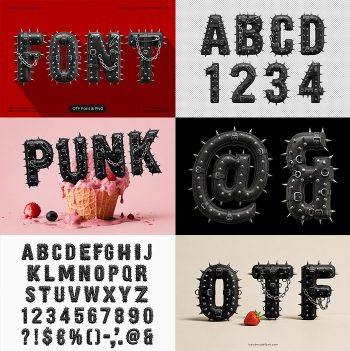 Preview sheet of the Black Punk Font showing spiked leather capitals on red