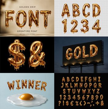 Preview of the Golden Drip Font showing polished gold capitals with drips on a plain background
