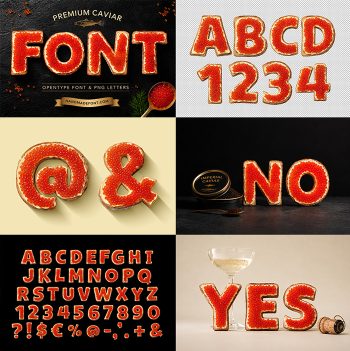 Premium Caviar Font preview cover spelling FONT in red caviar