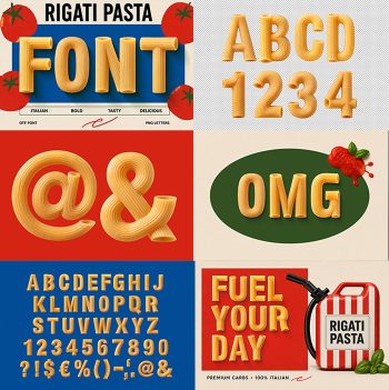Preview collage of mockups and glyphs from the Rigati Pasta Font.