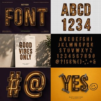Preview collage of mockups and glyphs from the Rusty Neon Font.