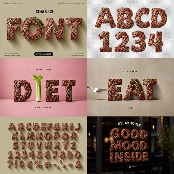 Preview sheet of the Steakhouse Font showing grilled beef capitals with sear marks