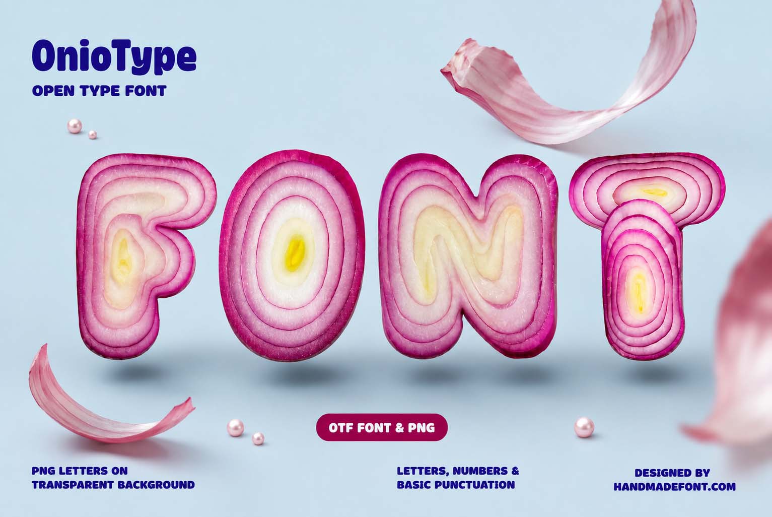 OnioType Font made from layered red onion letters in an organic food composition