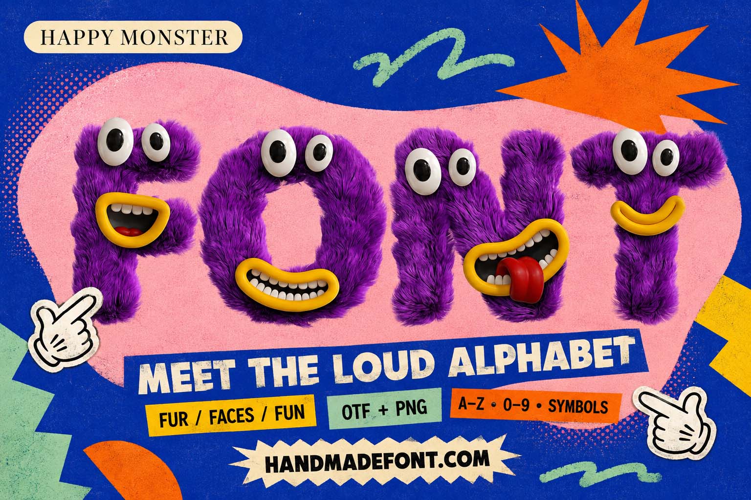 Happy Monster Font with colorful furry letters for playful character-based typography