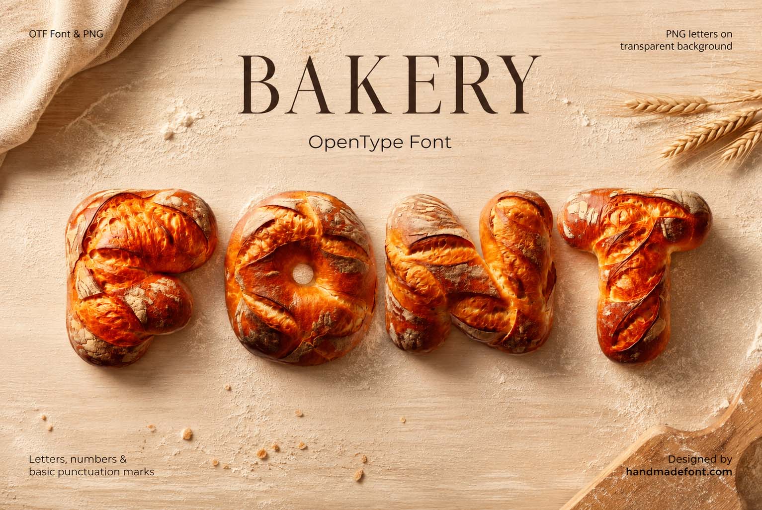 Bakery Font shaped from golden pastry letters for artisan food design inspiration