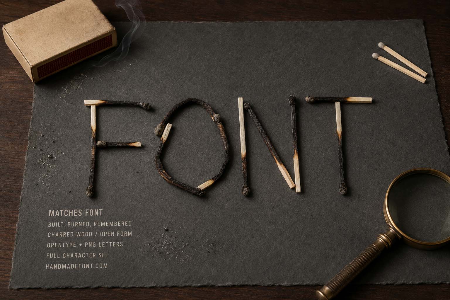 Matches Font shown in another burned matchstick lettering composition