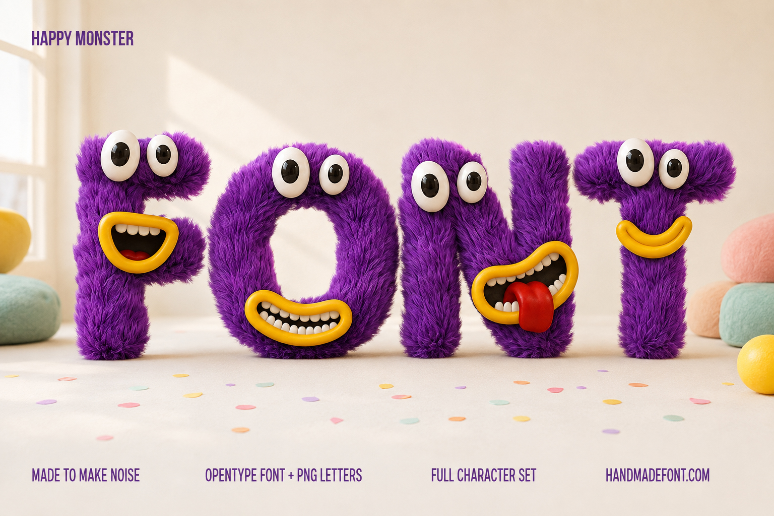Happy Monster Font with colorful furry letters and playful monster faces