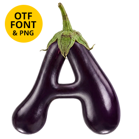 Letter A of the Eggplant Font on a light square with the OTF and PNG badge