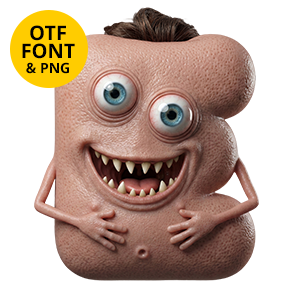 Letter E of the Gobble Monster Font, a bare-skinned creature with four eyes and a toothy grin