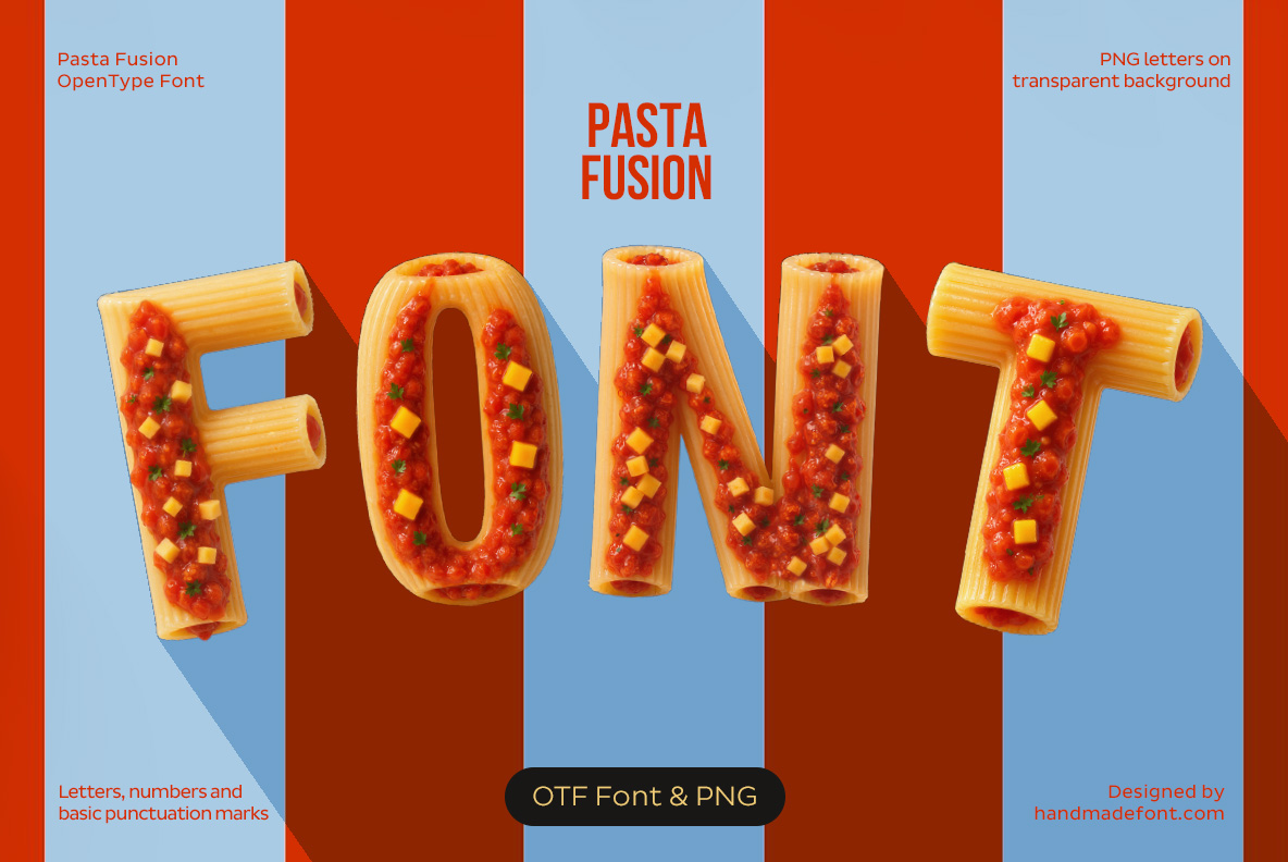 Pasta Fusion Font with rigatoni pasta and tomato sauce letters spelling FONT