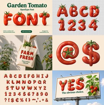 Six panel preview showing letters and mockups of the Garden Tomato Font