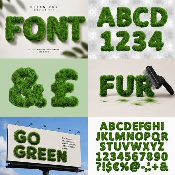 Six panel preview showing letters and mockups of the Green Fur Font