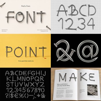 Six panel preview of the Nails Font showing the alphabet, a magazine spread and mockups