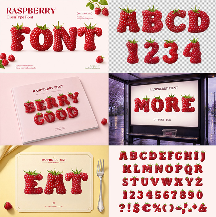 Preview grid of the Raspberry Font showing the cover, alphabet and mockups