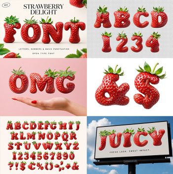 Preview collage of mockups and glyphs from the Strawberry Delight Font.