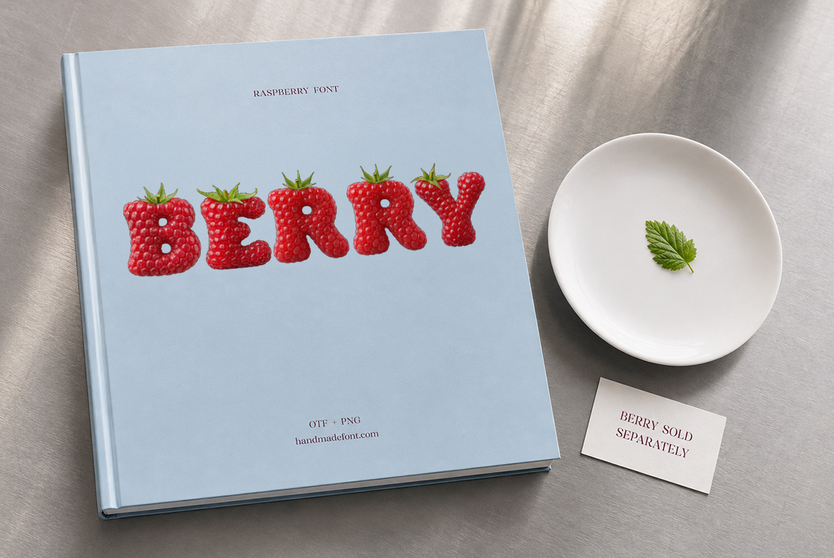 Raspberry Font on a berry book cover Pale blue book cover with a word set in the Raspberry Font beside a small plate