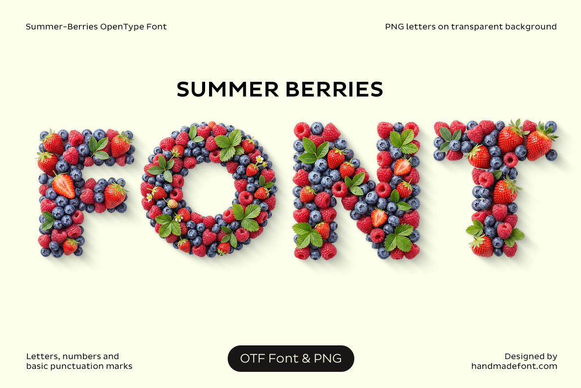 Summer Berries Font with strawberries, raspberries and blueberries forming the word FONT