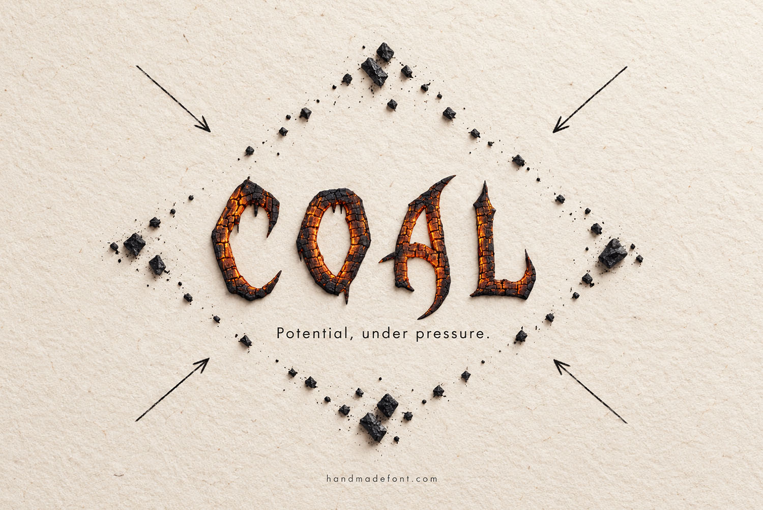 The word COAL in the Burn Hell Font on pale paper framed by arrows and charcoal fragments