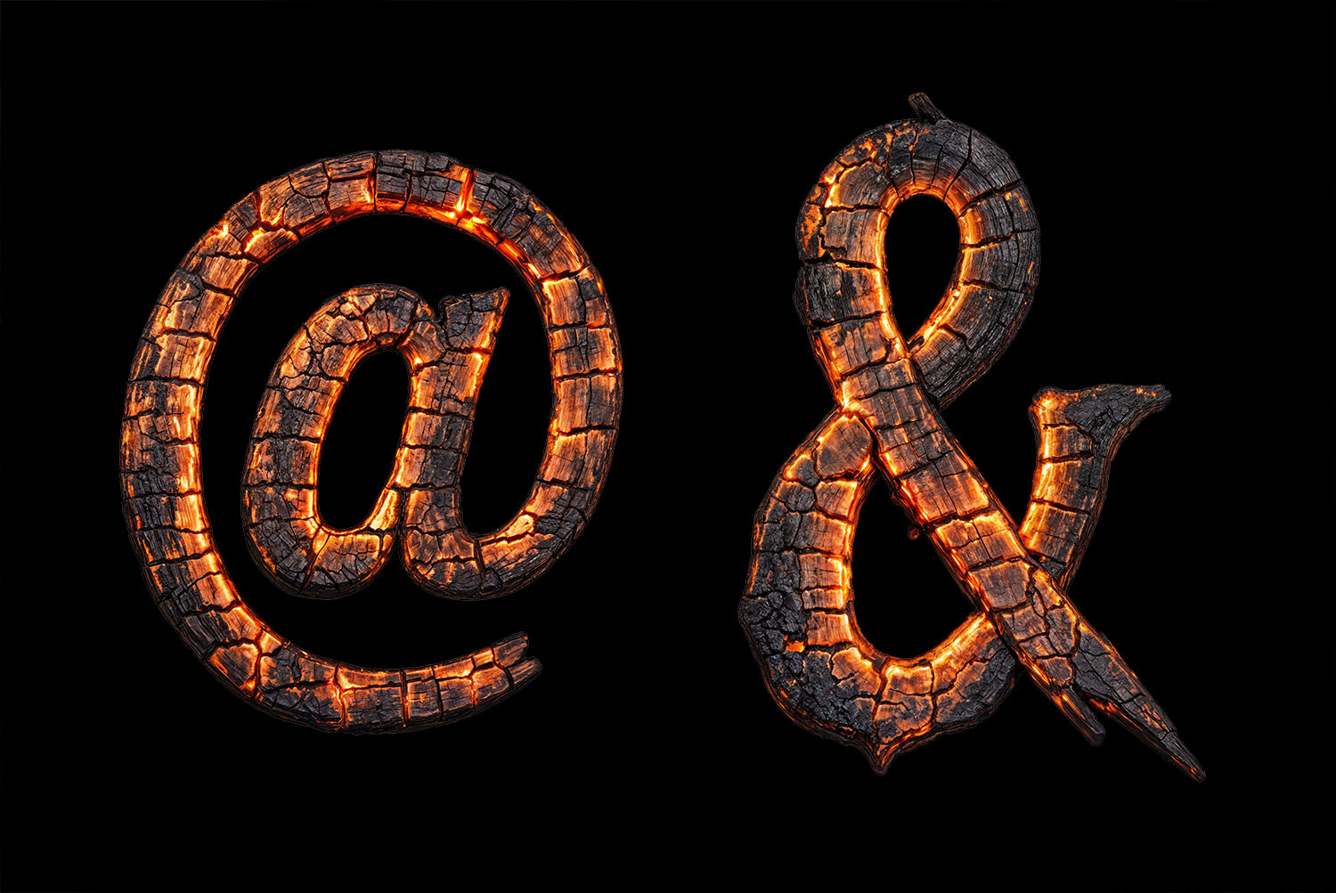 Ampersand and at sign of the Burn Hell Font glowing against a black background