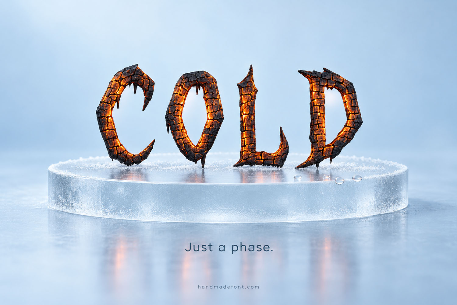 The word COLD in the Burn Hell Font standing on a thick block of melting ice