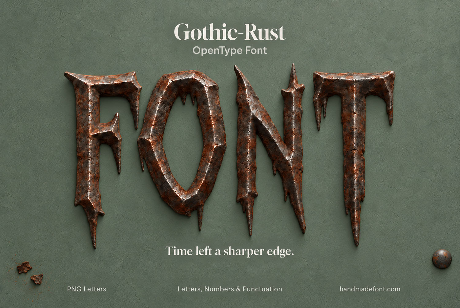 Close-up of the word FONT in the Gothic Rust Font on a muted green background