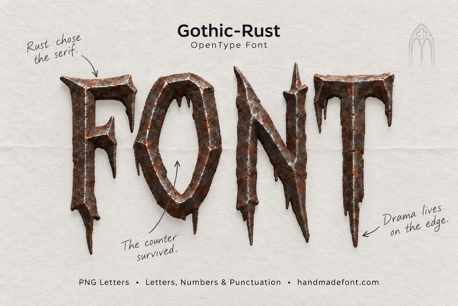 Specimen poster of the Gothic Rust Font with the word FONT and handwritten notes on its spiked serifs