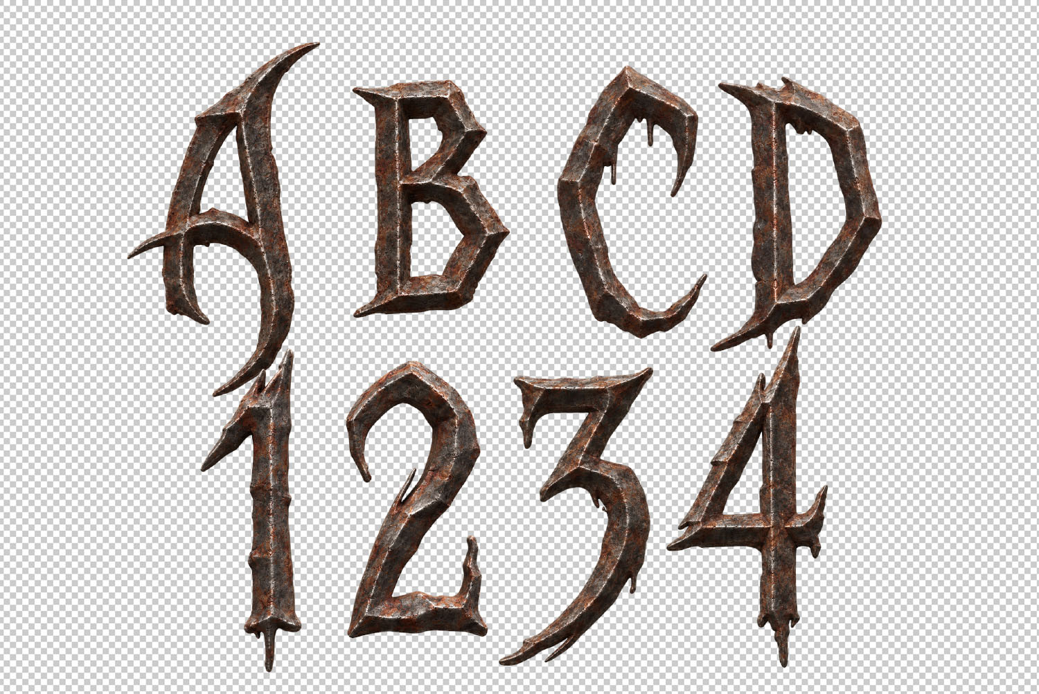 Letters A to D and figures one to four of the Gothic Rust Font on a transparent background