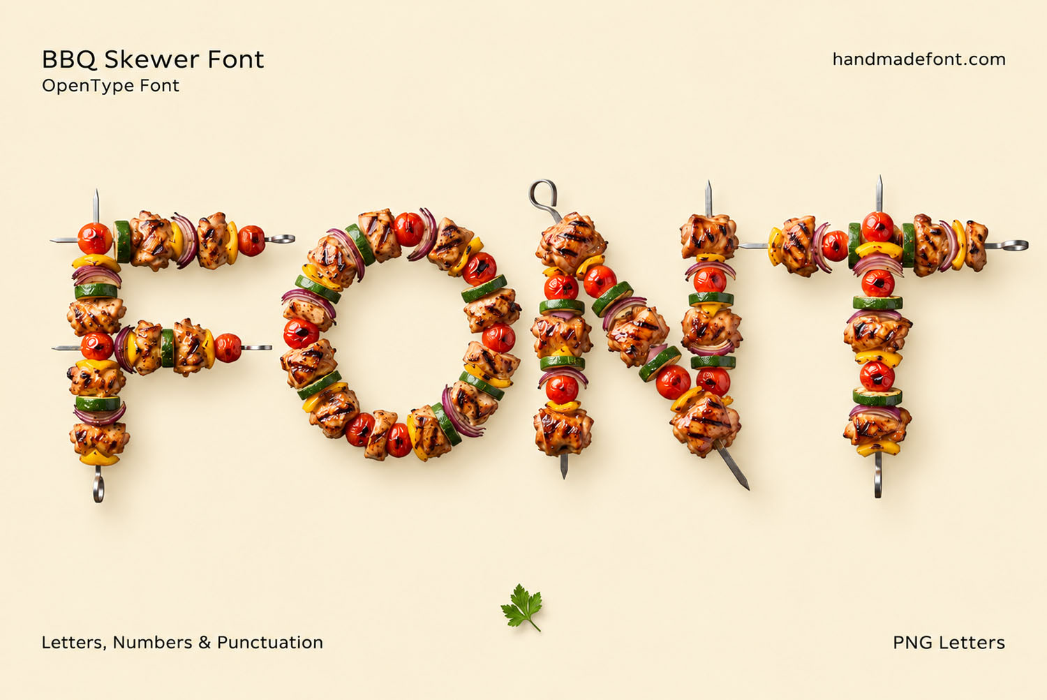 The word FONT set in the BBQ Skewer Font on a cream background