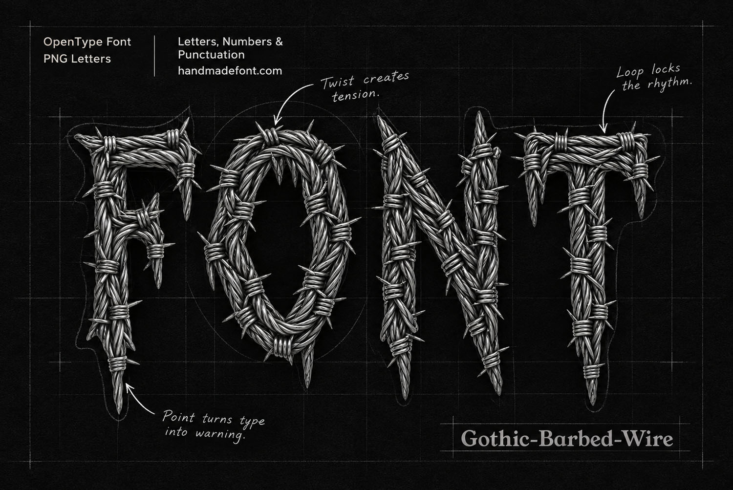 Gothic Barbed Wire Font Blueprint Cover Dark blueprint cover for the Gothic Barbed Wire Font with handwritten construction notes