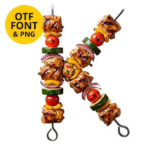 Letter K of the BBQ Skewer Font on a light square with the OTF and PNG badge