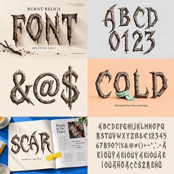 Collage of Burnt Relics Font mockups with the FONT cover, ABCD 0123, symbols, COLD and SCAR