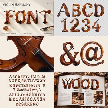 Preview collage of the Violin Harmony Font with the cover, character set, ampersand and at sign, and a WOOD magazine spread