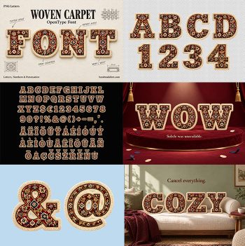 Preview collage of the Woven Carpet Font with covers, the character set, the WOW and COZY scenes and the ampersand and at sign