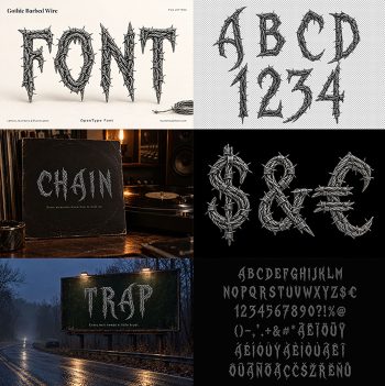 Preview sheet of the Gothic Barbed Wire Font showing wound steel capitals and mockups