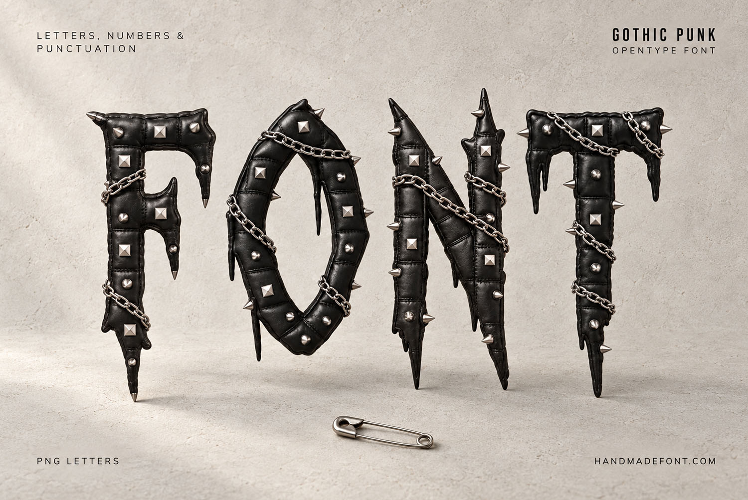 Gothic Punk Font FONT cover with safety pin The word FONT set in the Gothic Punk Font on pale paper with a safety pin, chains wrapped round the letters