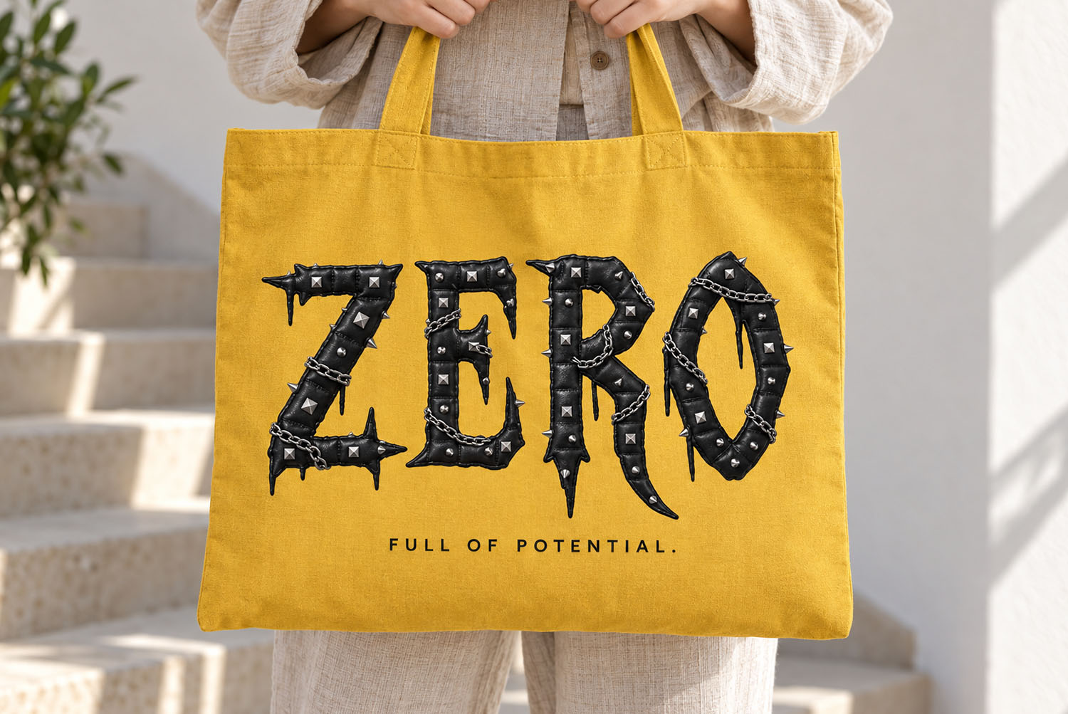 Gothic Punk Font ZERO tote bag Mustard tote bag printed with ZERO in the Gothic Punk Font, carried on a stone staircase
