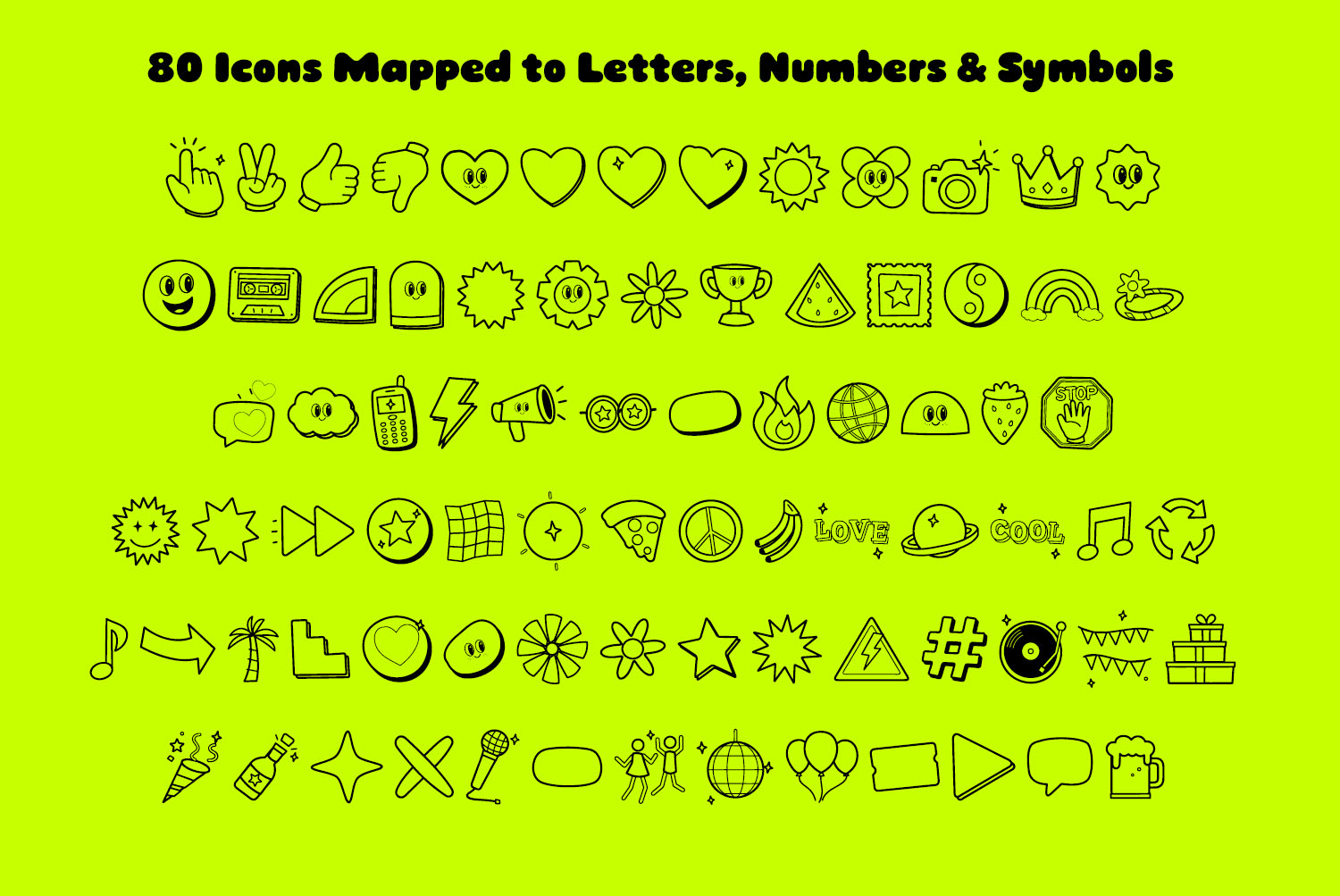 Gummy Pop Font Outline Icons Eighty black outline icons from the Gummy Pop Font set on a lime green background
