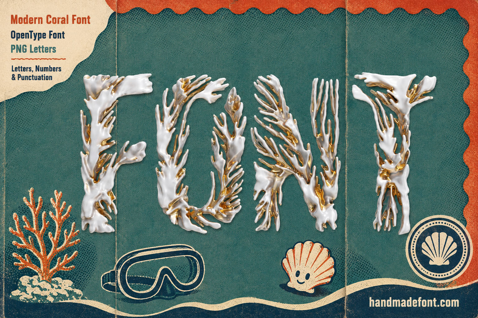 Modern Coral Font white branching coral letters on a retro ocean poster