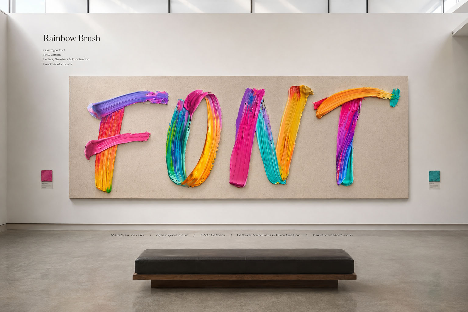 Rainbow Brush Font multicolour brushstroke letters on a gallery wall canvas