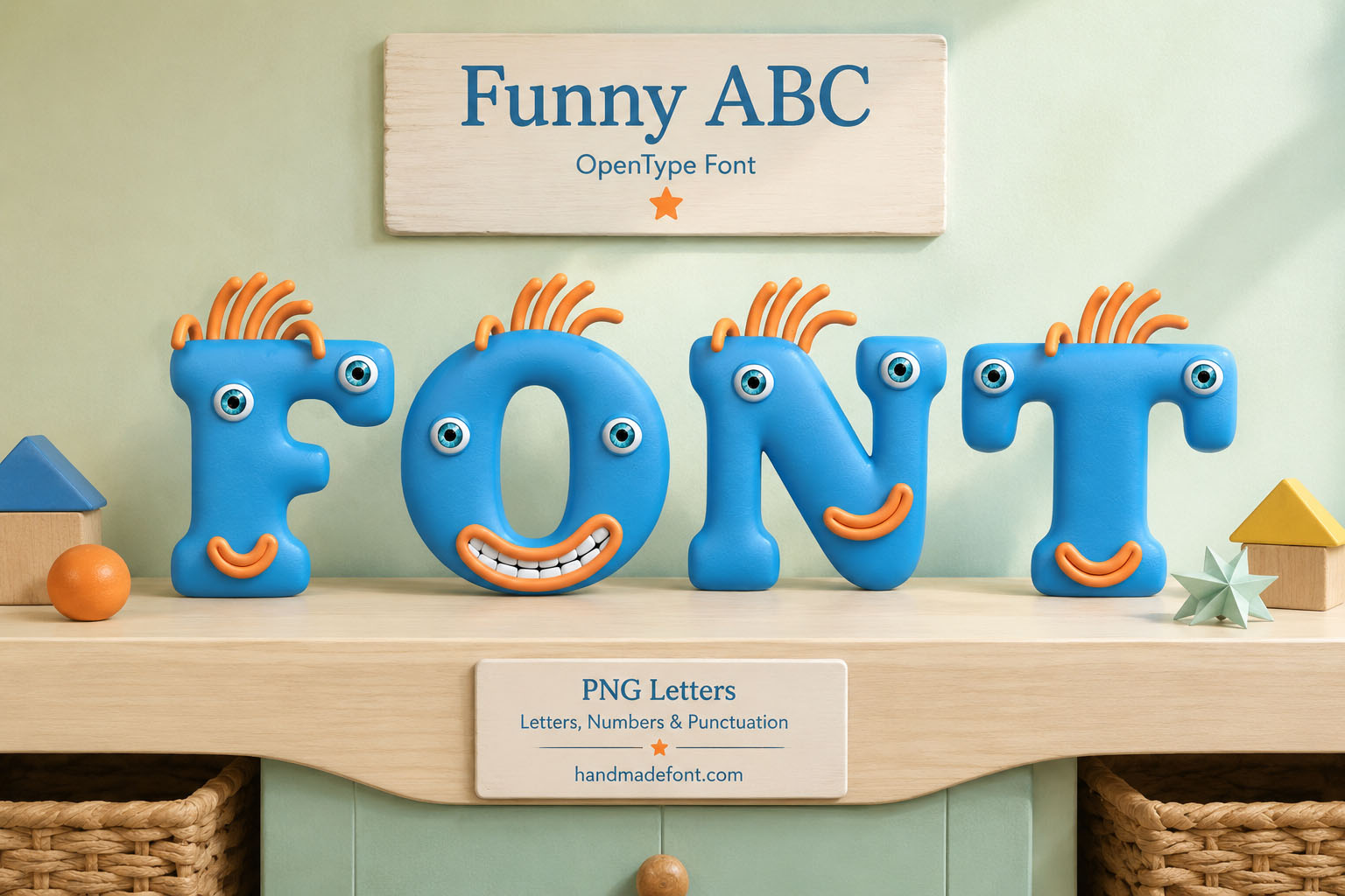 Funny ABC Font blue cartoon letters with googly eyes in a playroom