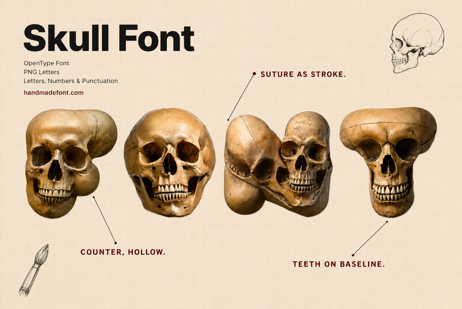 Skull Font letters formed from aged human skulls on a parchment background