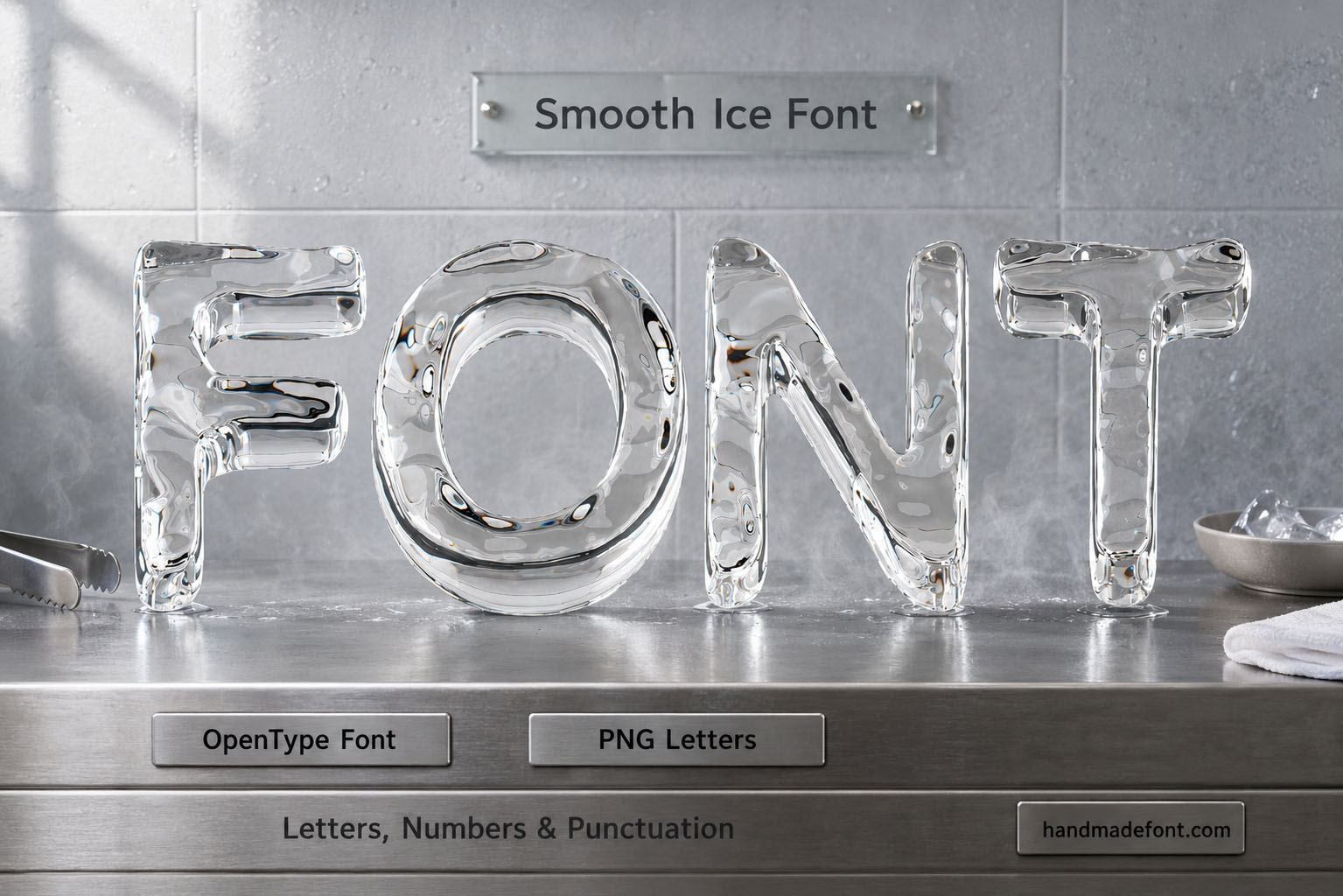 Smooth Ice Font clear melt-worn ice letters on a steel kitchen counter
