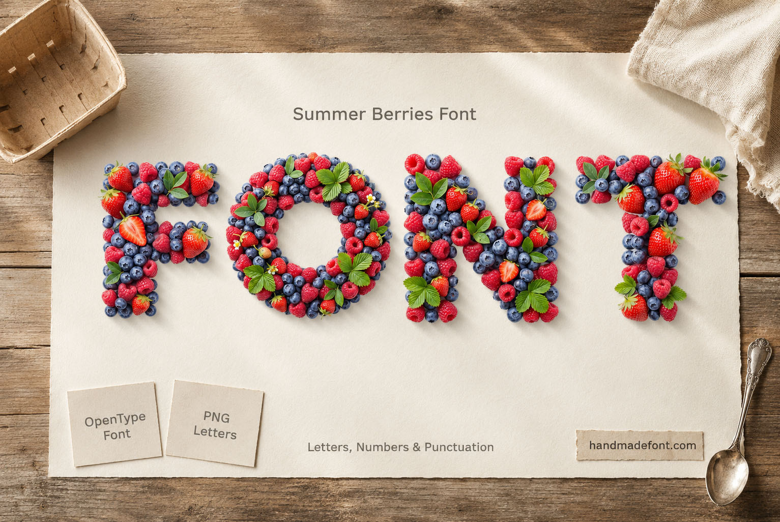 Summer Berries Font letters packed with strawberries, raspberries and blueberries