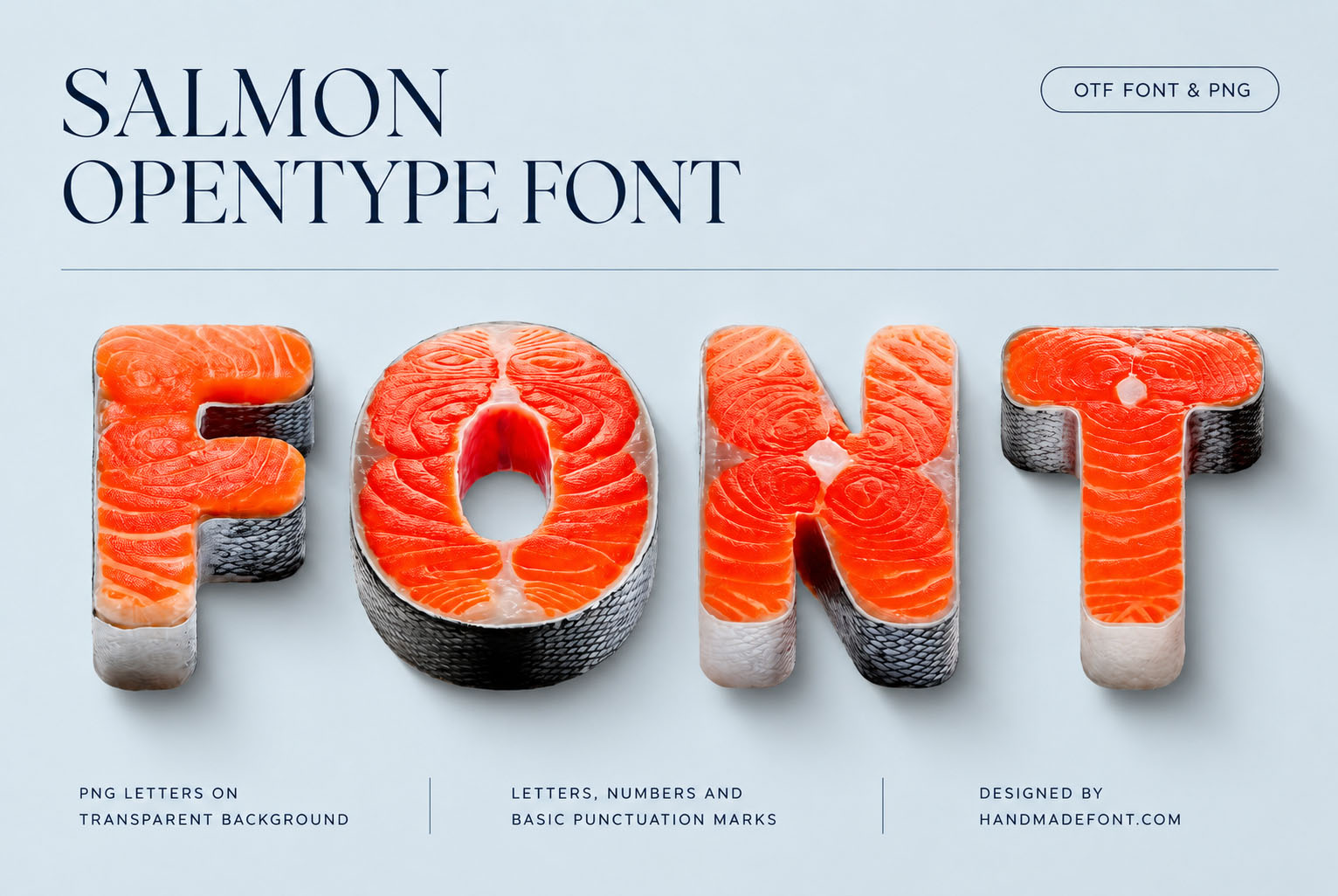 Salmon Font raw salmon steak letters on a pale blue poster