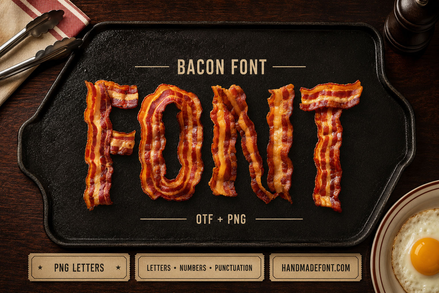 Bacon Font crispy thick-cut bacon strips forming letters in a cast iron pan