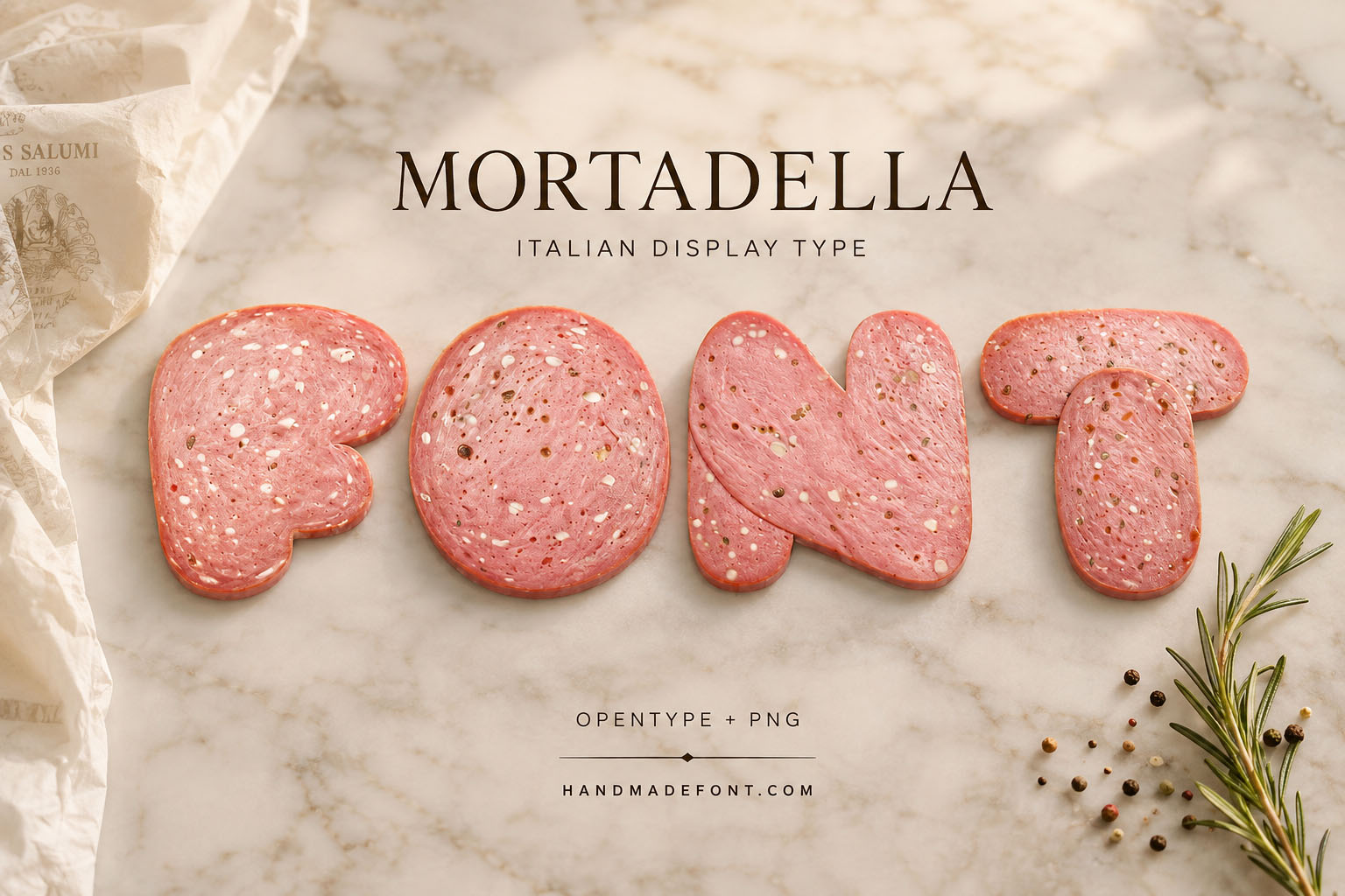 Mortadella Font sliced pink deli meat letters on marble with rosemary and peppercorns