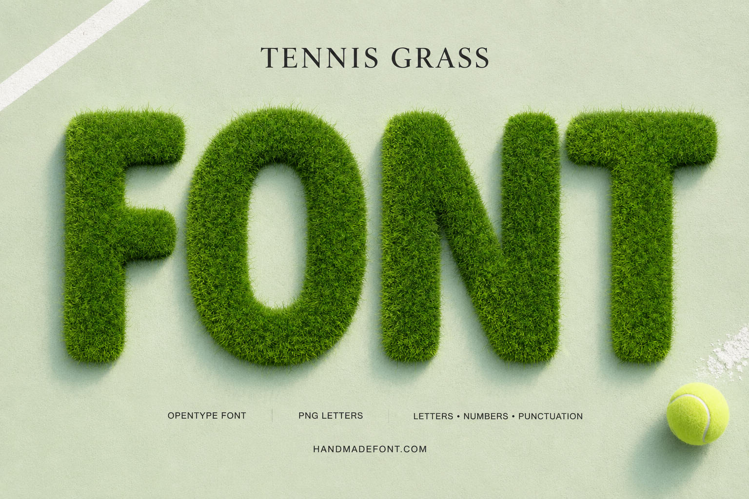 Tennis Grass Font green turf letters on a pale court with a tennis ball