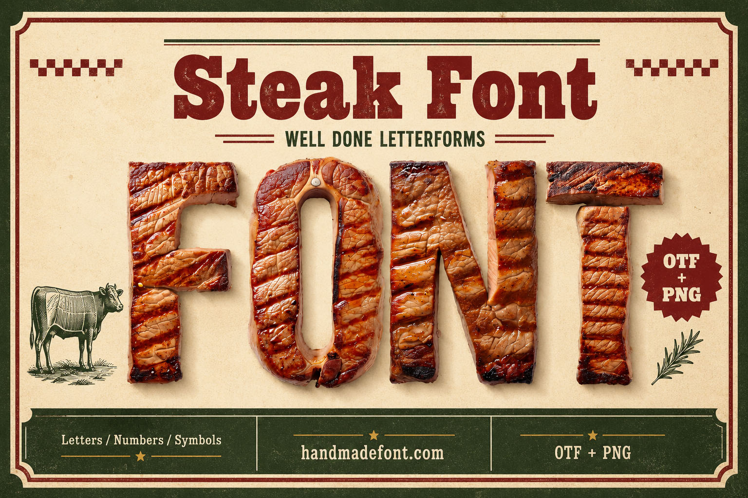 Steak Font grilled meat letters with char marks on a vintage steakhouse poster