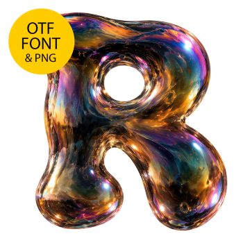 Letter R of the Iridescent Bubble Font on a light square with the OTF and PNG badge